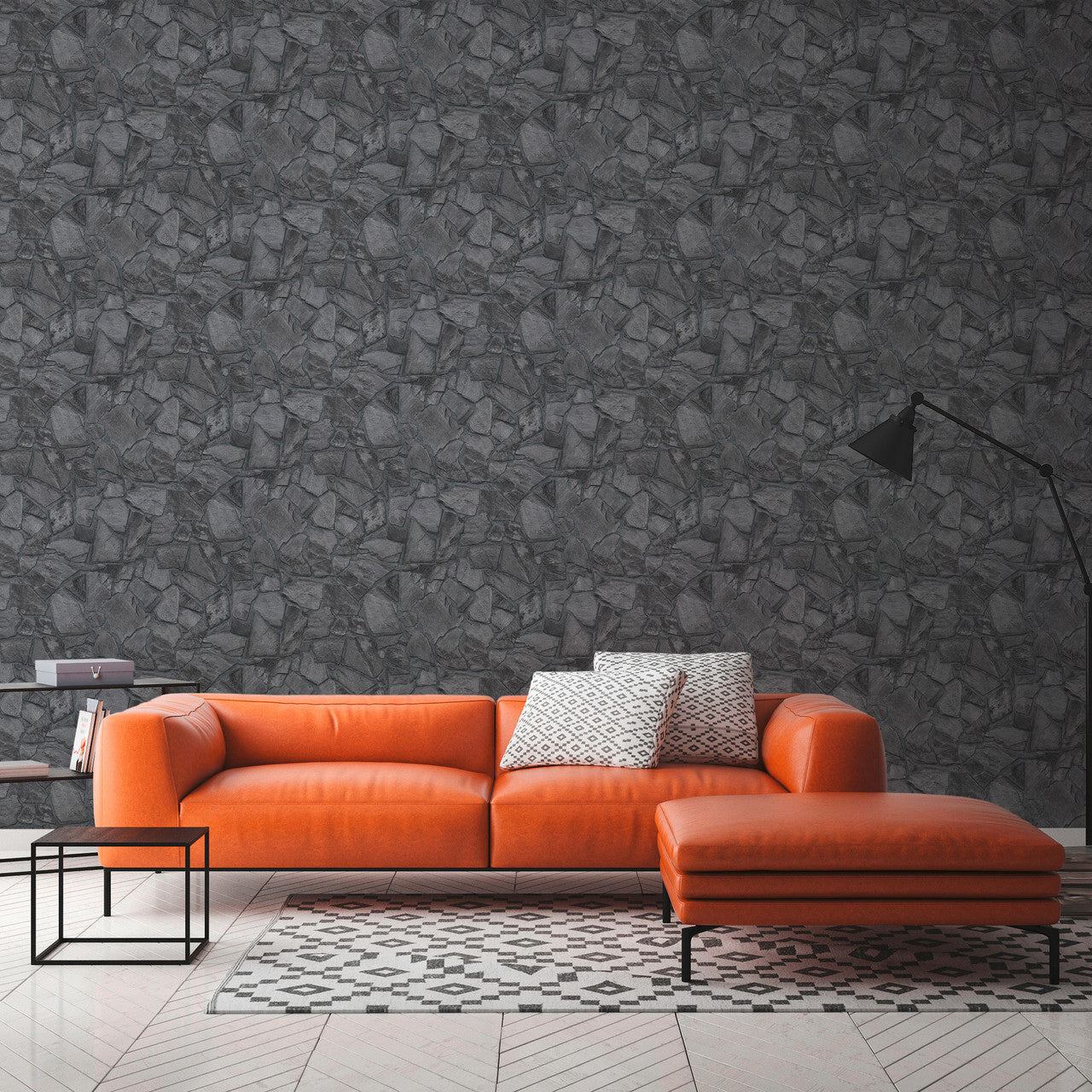 BB51141 Petrified Paradise Motif Bricks and More Grey and Black Wallpaper By Galerie