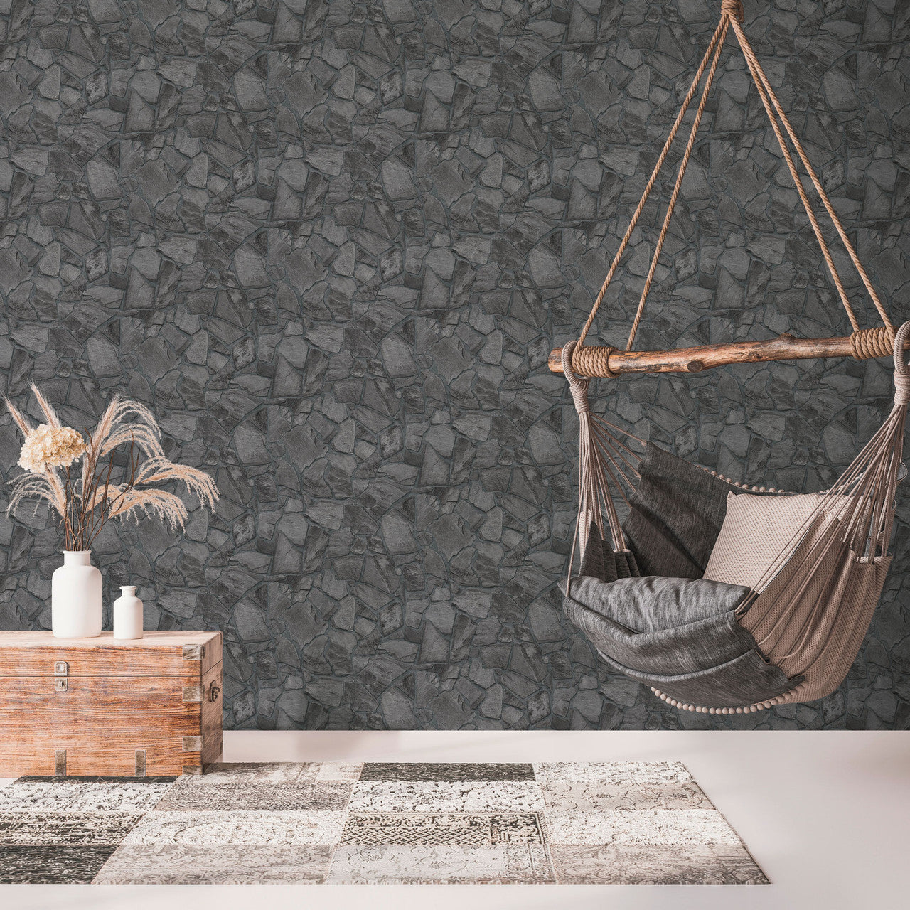 BB51141 Petrified Paradise Motif Bricks and More Grey and Black Wallpaper By Galerie