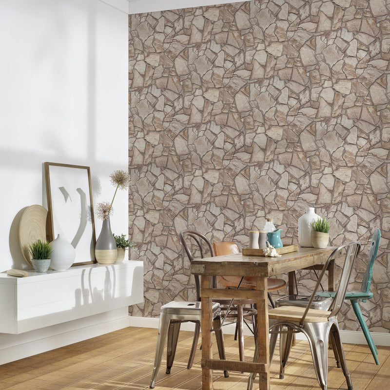 BB51142 Claystone Cottage Motif Bricks and More Beige, Cream and Grey Wallpaper By Galerie