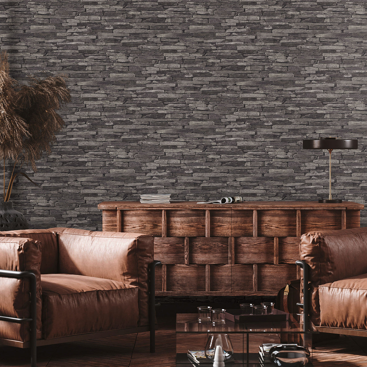 BB51146 Rocky Retreat Motif Bricks and More Grey and Black Wallpaper By Galerie