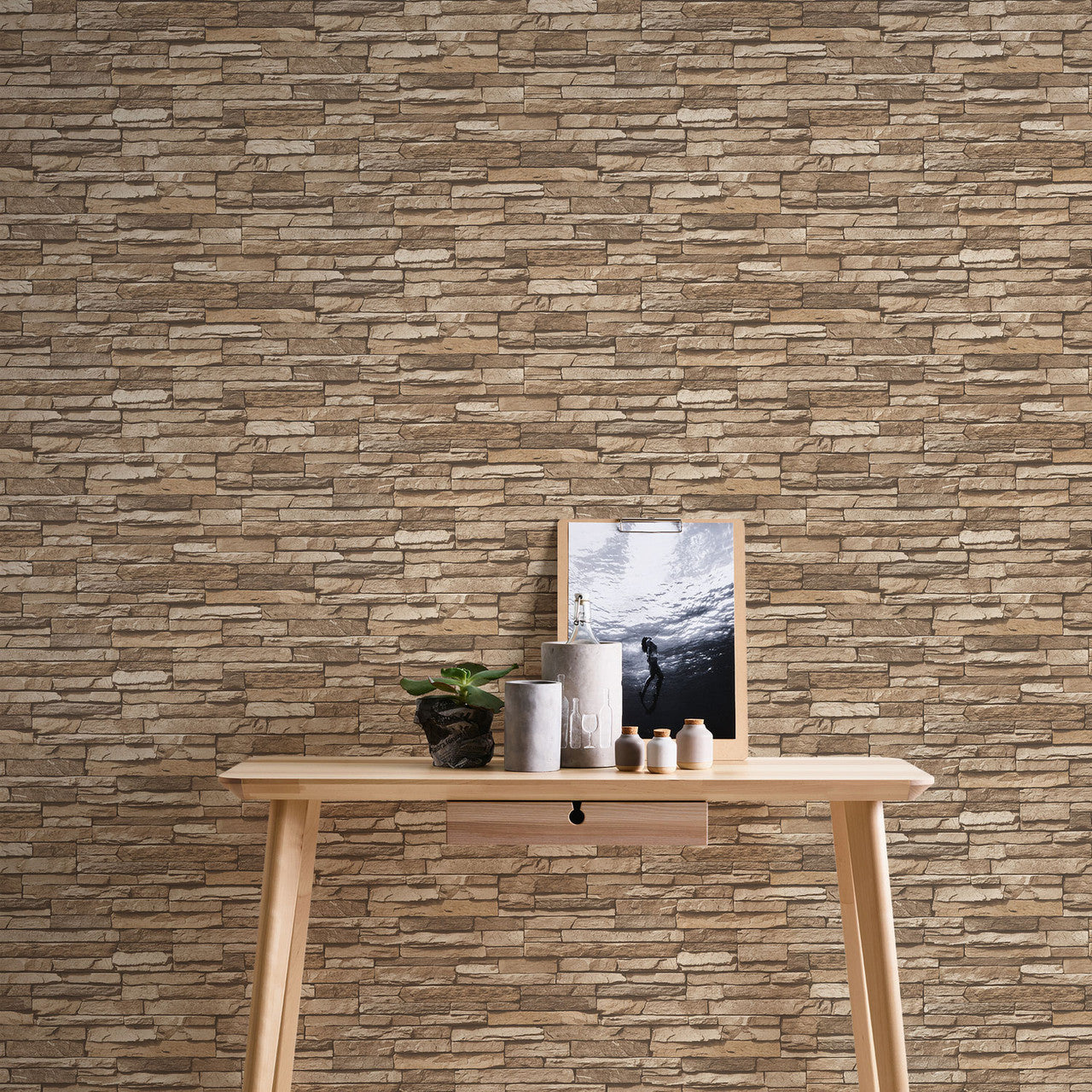 BB51147 Graceful Granite Motif Bricks and More Beige and Brown Wallpaper By Galerie