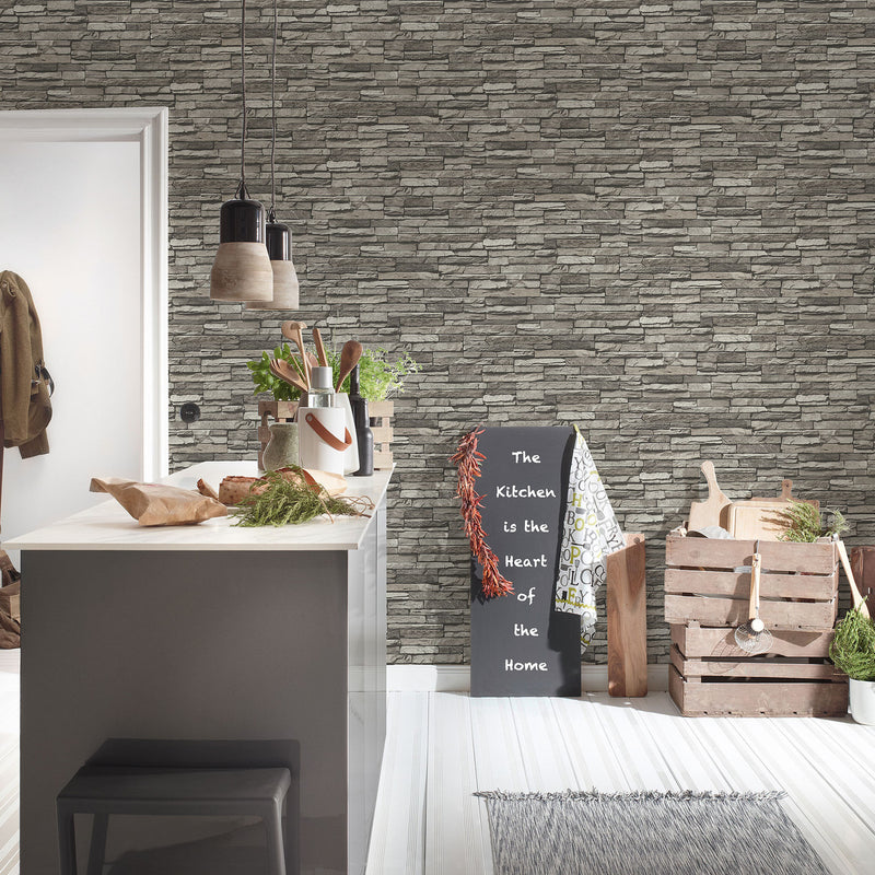 BB51148 Graceful Granite Motif Bricks and More Cream, Grey and Black Wallpaper By Galerie