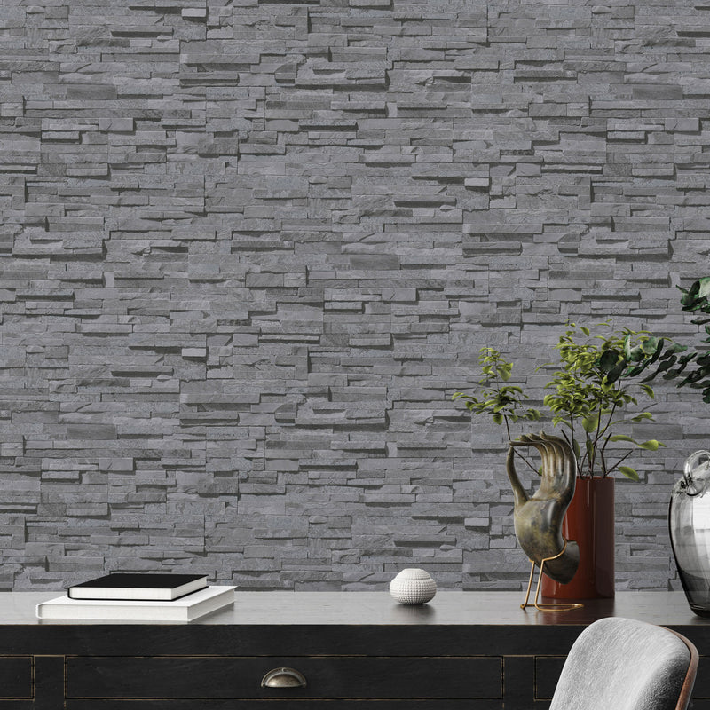 BB51149 Graceful Granite Motif Bricks and More Grey and Black Wallpaper By Galerie