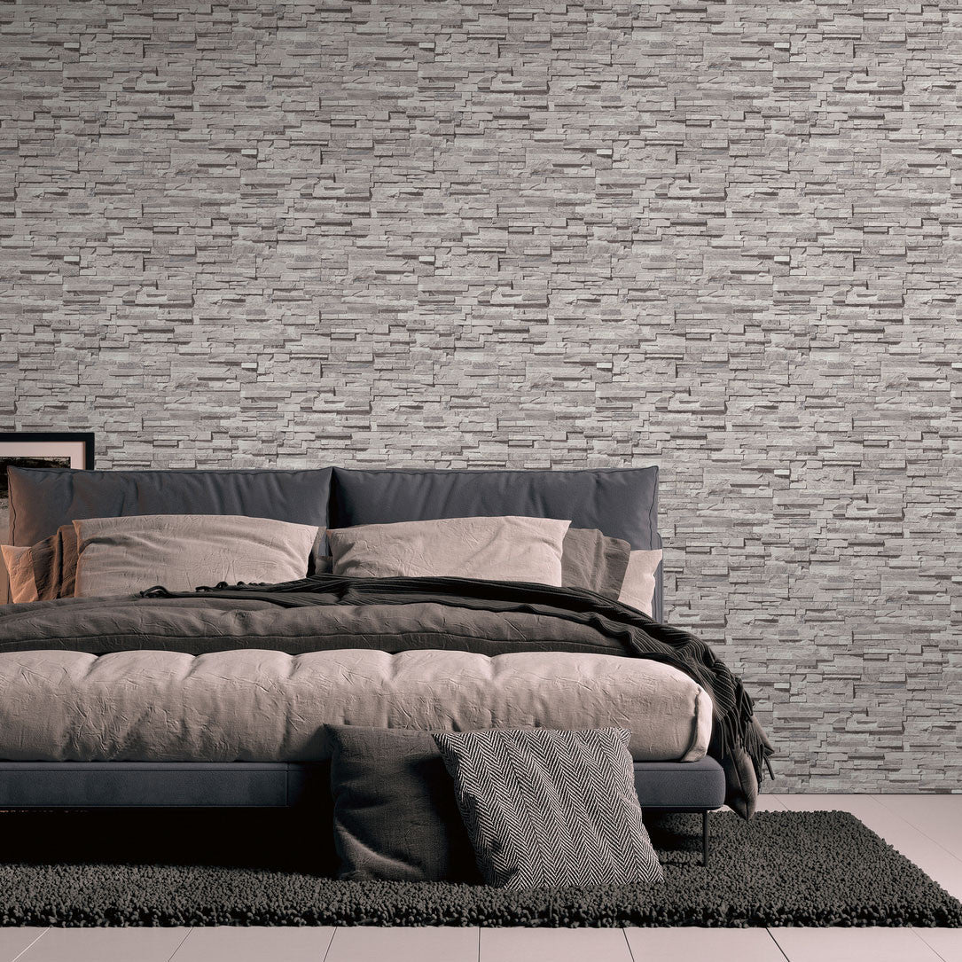 BB51150 Graceful Granite Motif Bricks and More Cream, Grey and Black Wallpaper By Galerie