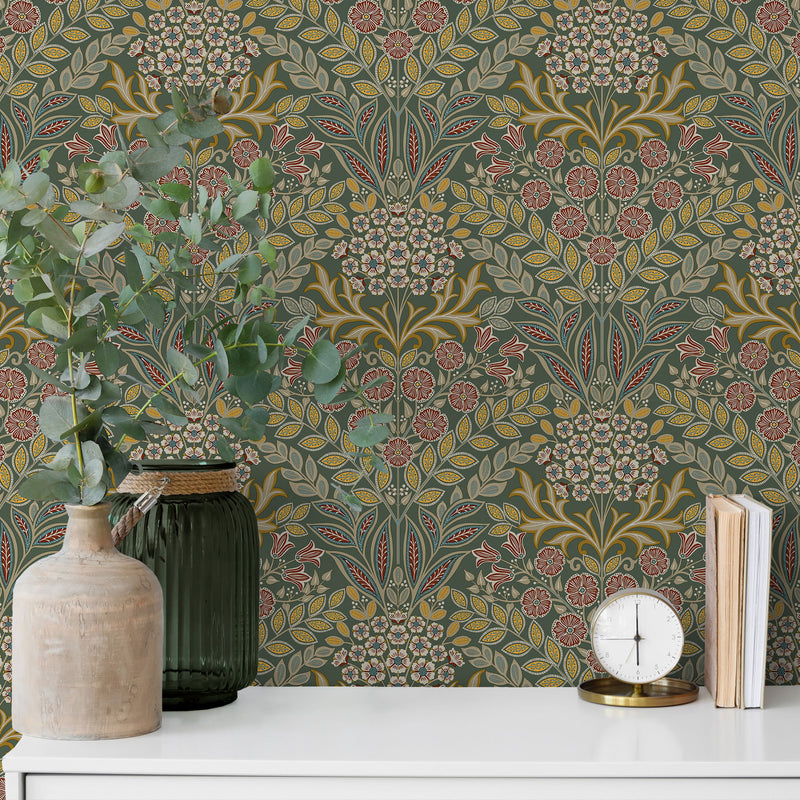 202303 Belvedere Floral Damask Spring Floral Green Wallpaper