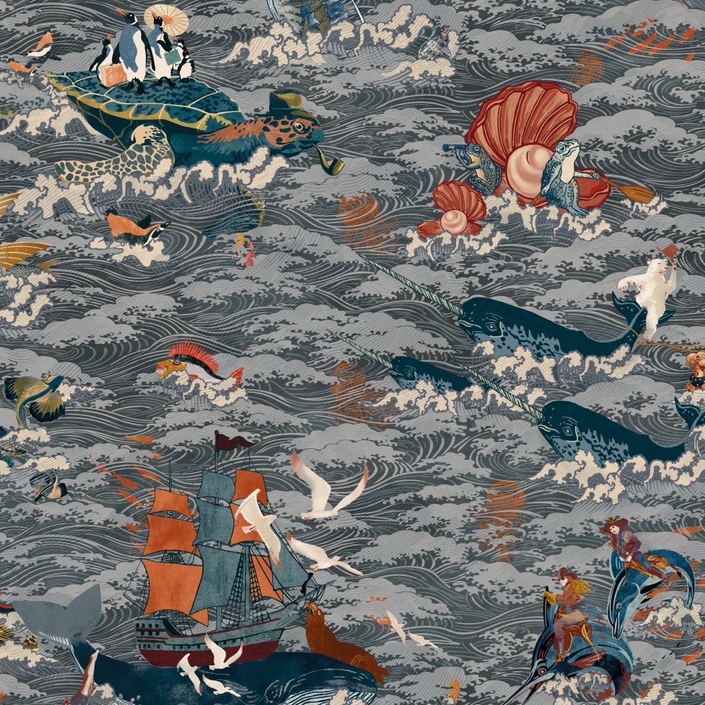 BMVV007/05A Ocean Waves Charcoal Drift Viva Vintage Wallpaper by Brand McKenzie