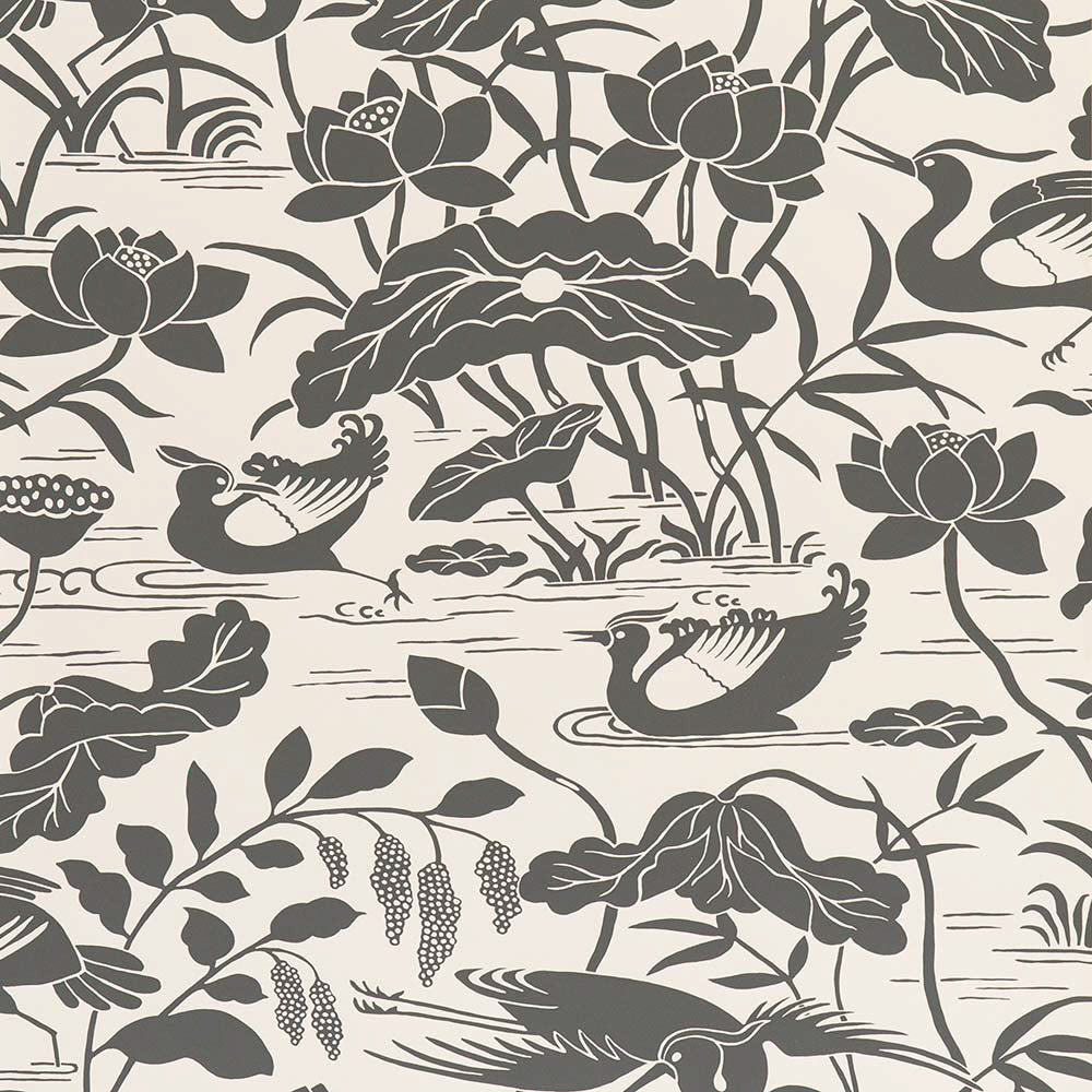 BW45089-1 Heron & Lotus Flower Black-White Signature II Wallpaper by GP & J Baker
