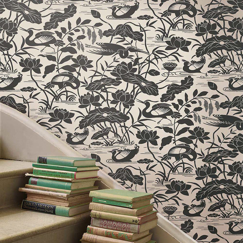 BW45089-1 Heron & Lotus Flower Black-White Signature II Wallpaper by GP & J Baker