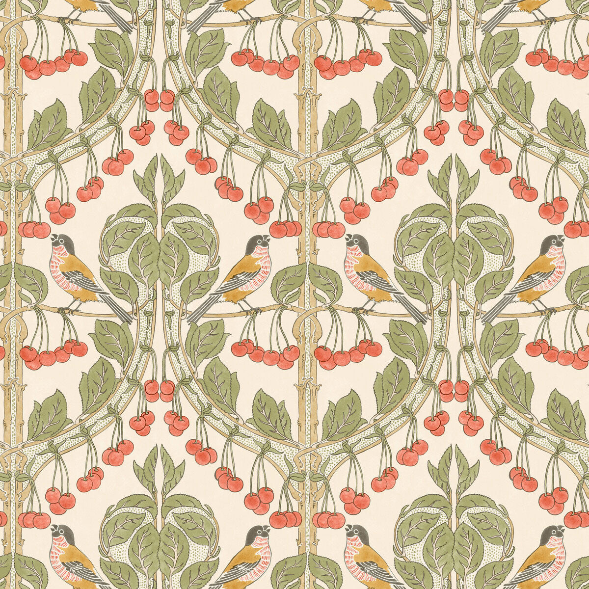 BW45100/1 Birds & Cherries Original Brantwood Red and Green Wallpaper By GP & J Baker