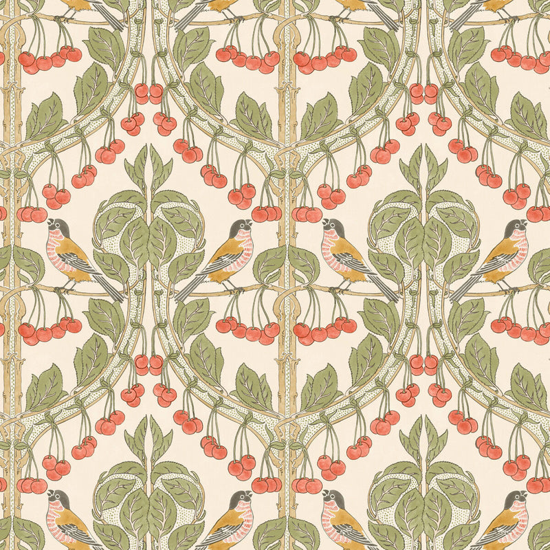 BW45100/1 Birds & Cherries Original Brantwood Red and Green Wallpaper By GP & J Baker