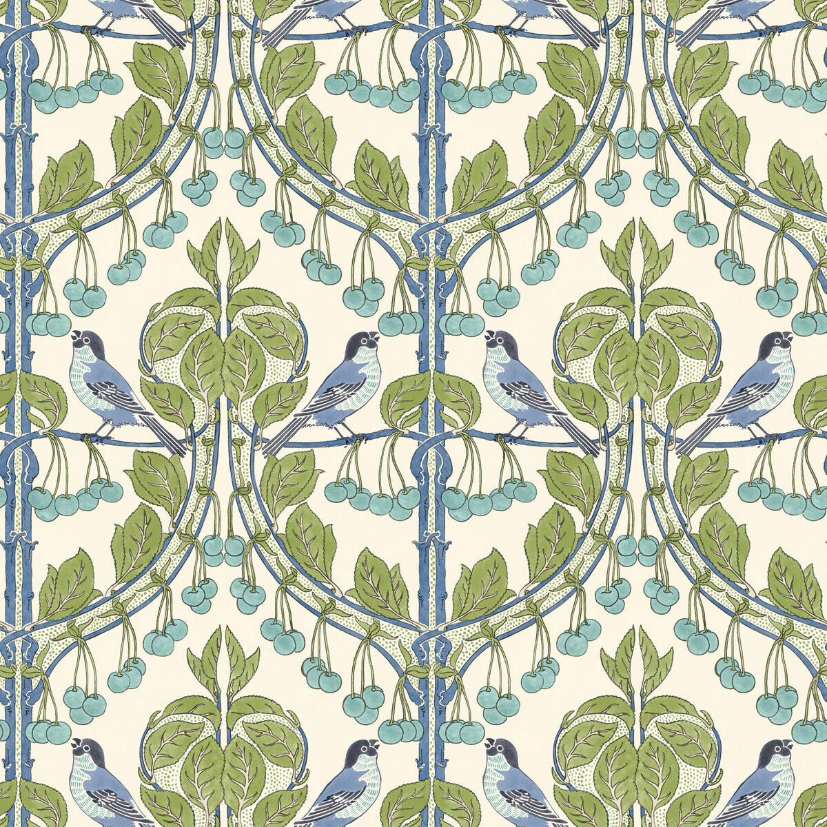 BW45100/2 Birds & Cherries Original Brantwood Green and Blue Wallpaper By GP & J Baker