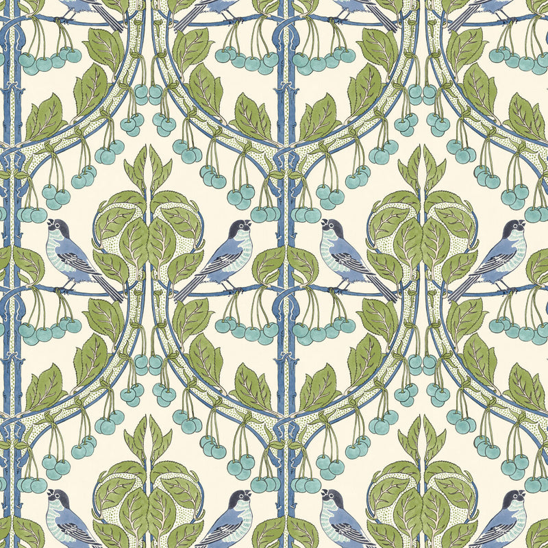 BW45100/2 Birds & Cherries Original Brantwood Green and Blue Wallpaper By GP & J Baker