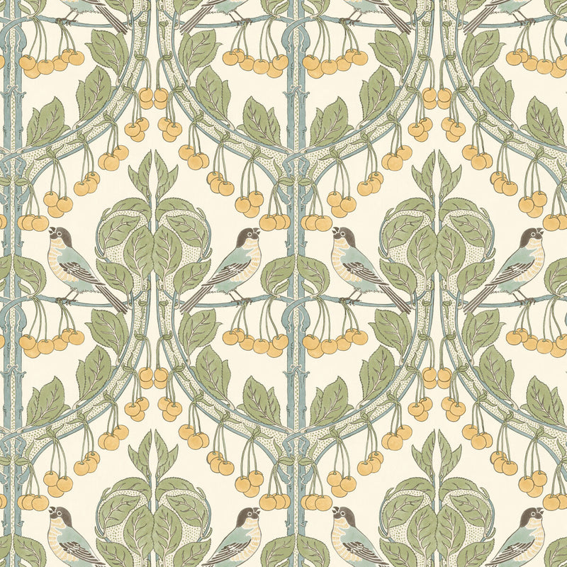 BW45100/3 Birds & Cherries Original Brantwood Aqua Wallpaper By GP & J Baker