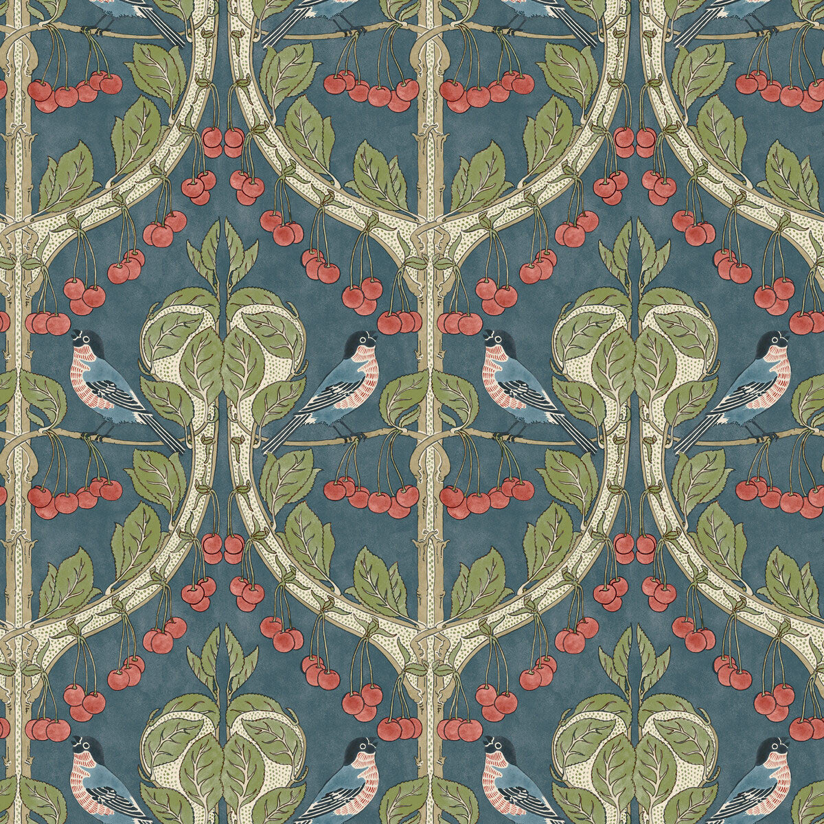 BW45100/5 Birds & Cherries Original Brantwood Indigo Wallpaper By GP & J Baker