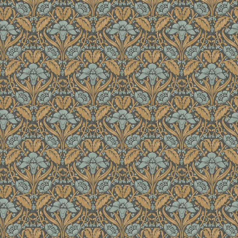 BW45101/6 Iris Meadow Original Brantwood Aqua and Ochre Wallpaper By GP & J Baker