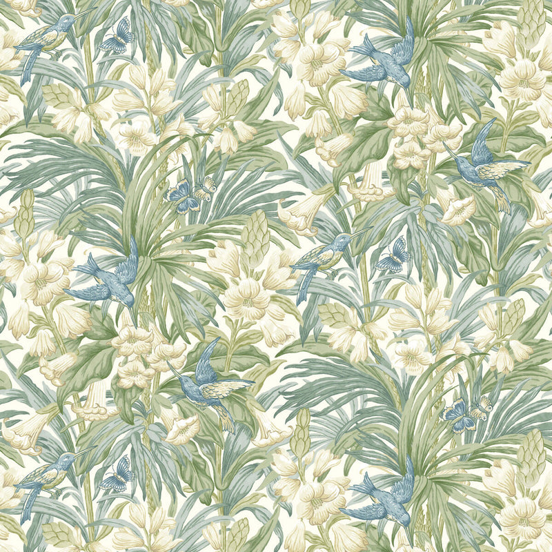BW45103/2 Trumpet Flowers Original Brantwood Blue and Green Wallpaper By GP & J Baker