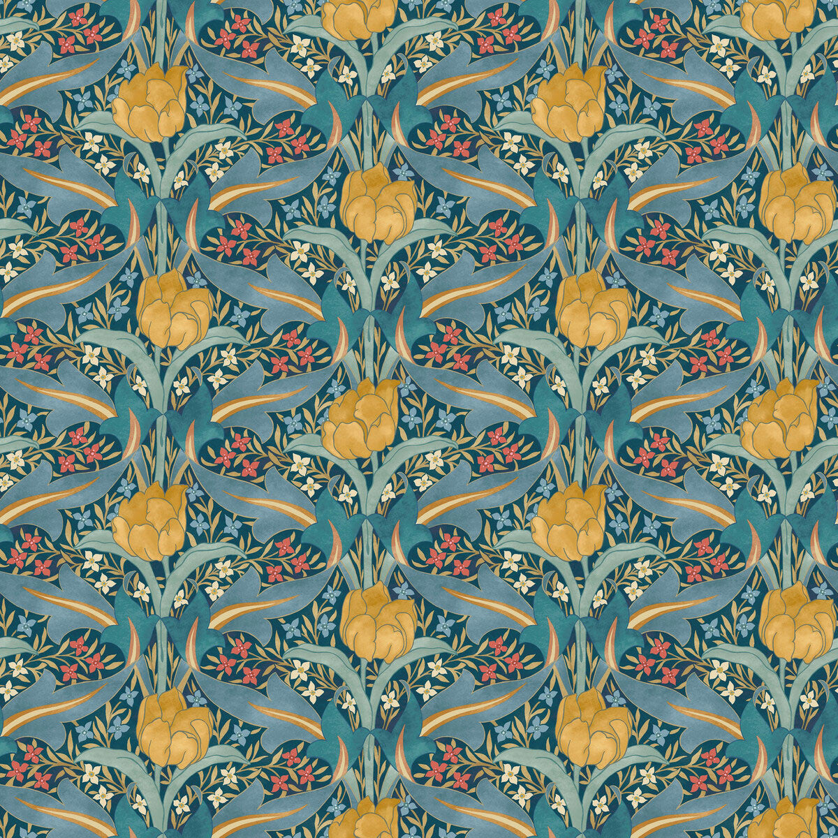 BW45104/2 Tulip & Jasmine Original Brantwood Teal Wallpaper By GP & J Baker