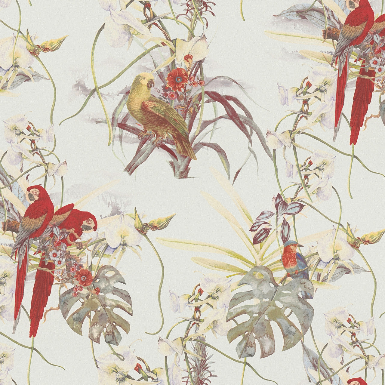 BW51028 Exotic Parrot Motif Blooming Wild Cream, Red and White Wallpaper By Galerie