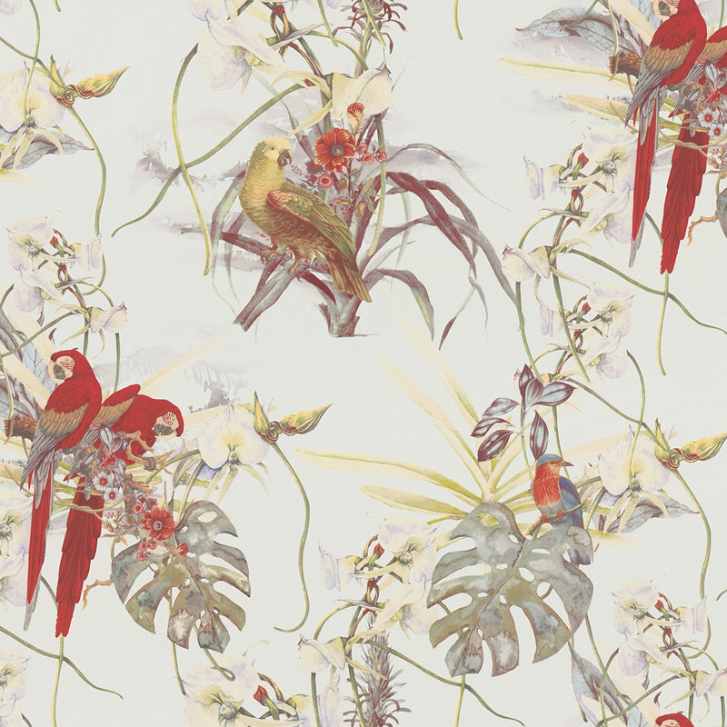 BW51028 Exotic Parrot Motif Blooming Wild Cream, Red and White Wallpaper By Galerie