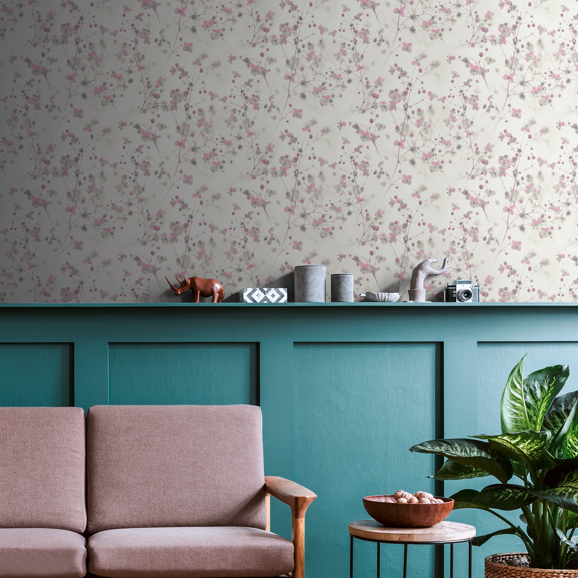 BW51035 Delicate Buttercup Motif Blooming Wild White, Pink and Grey Wallpaper By Galerie