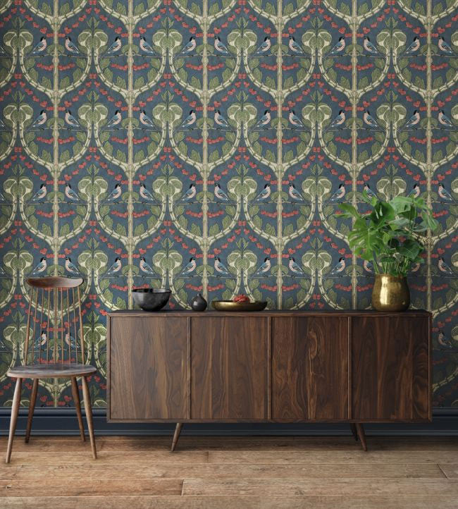 Birds & Cherries Original Brantwood Indigo Wallpaper By GP & J Baker