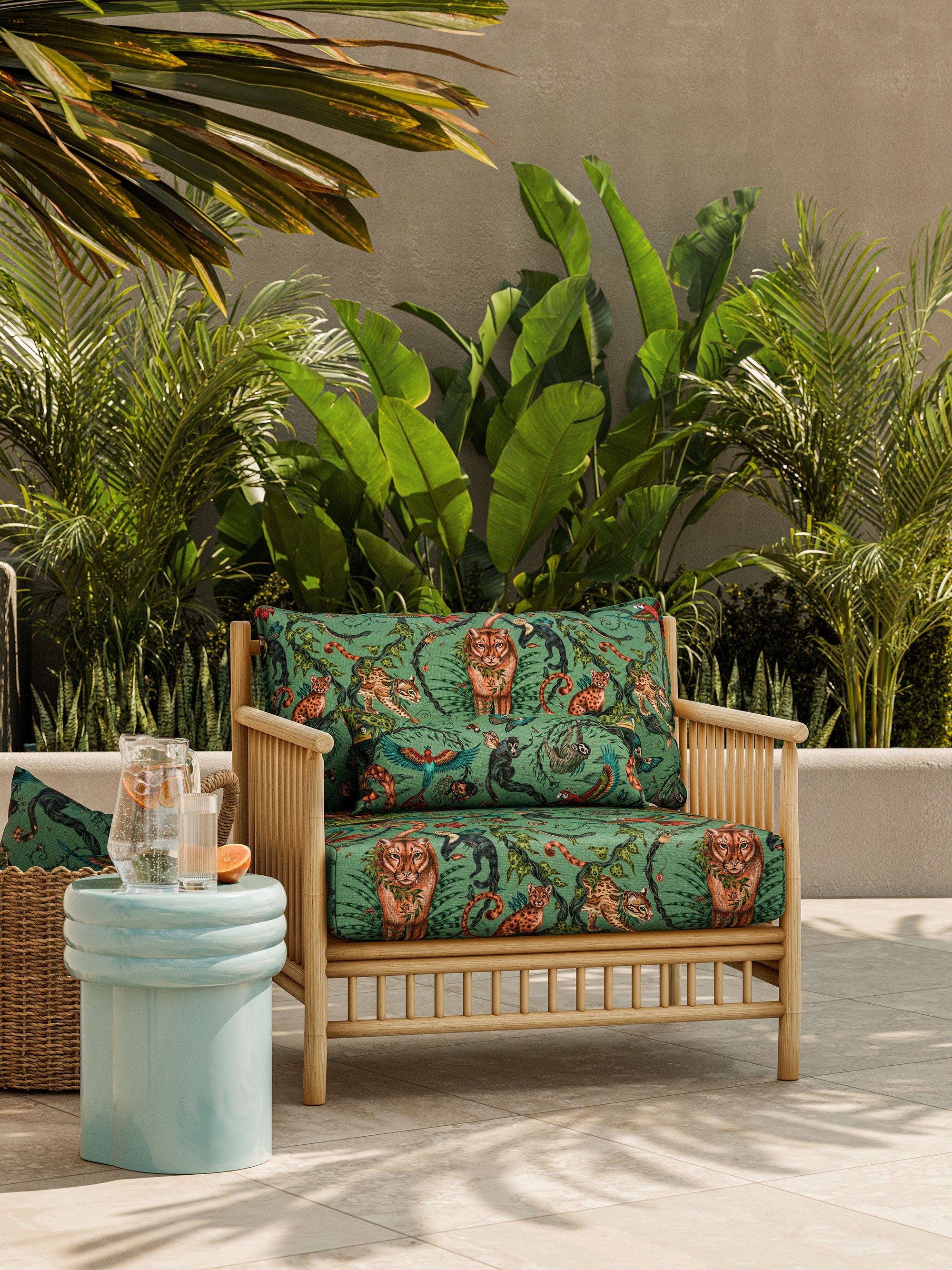 CCF086501 Bosque Dreams Indoor Outdoor Aquamarine Emma J Shipley Indoor Outdoor Wild Escape Fabric by Clarke & Clarke