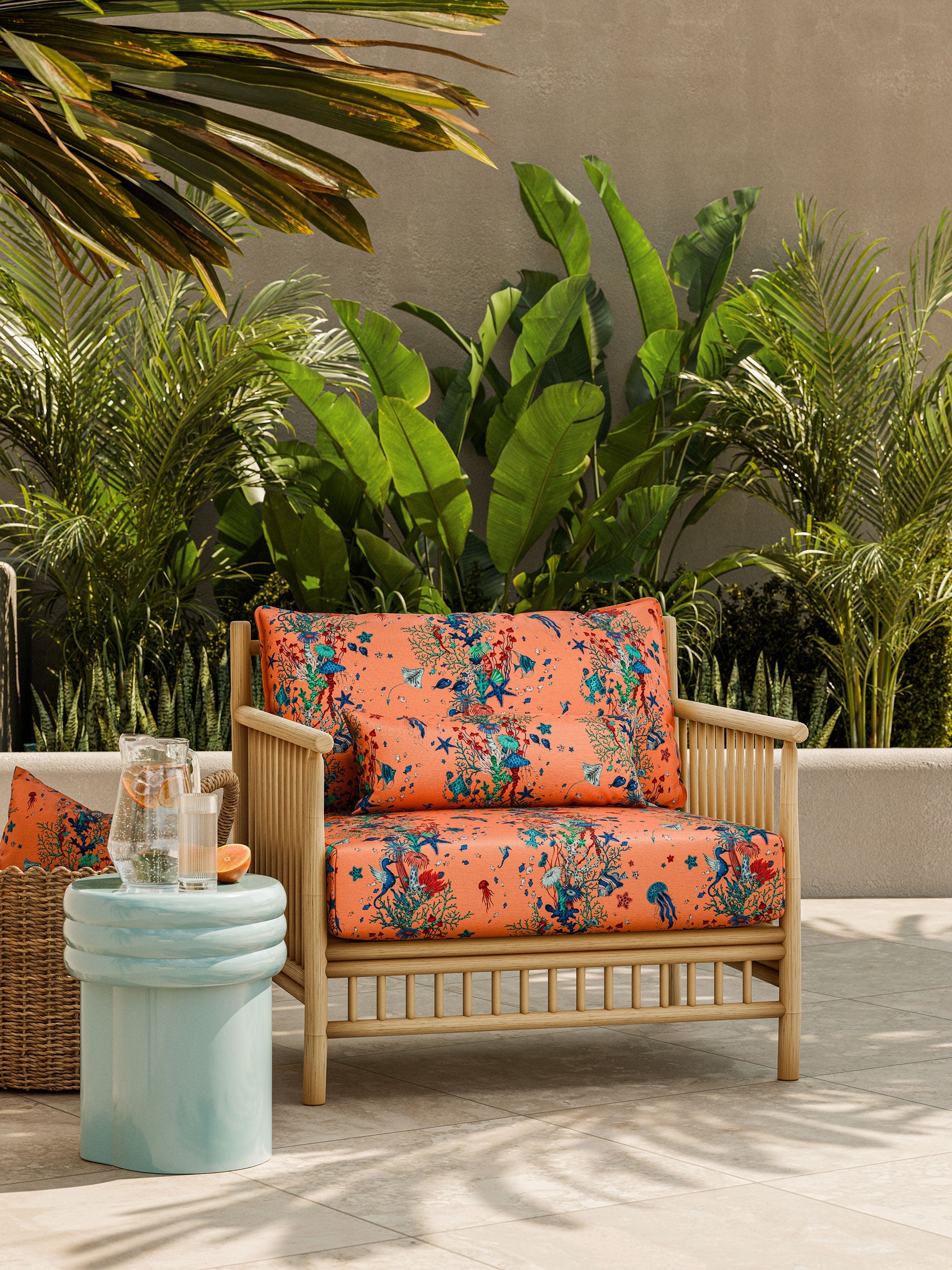 CCF087002 Seaforest Indoor Outdoor Peach Emma J Shipley Indoor Outdoor Wild Escape Fabric by Clarke & Clarke