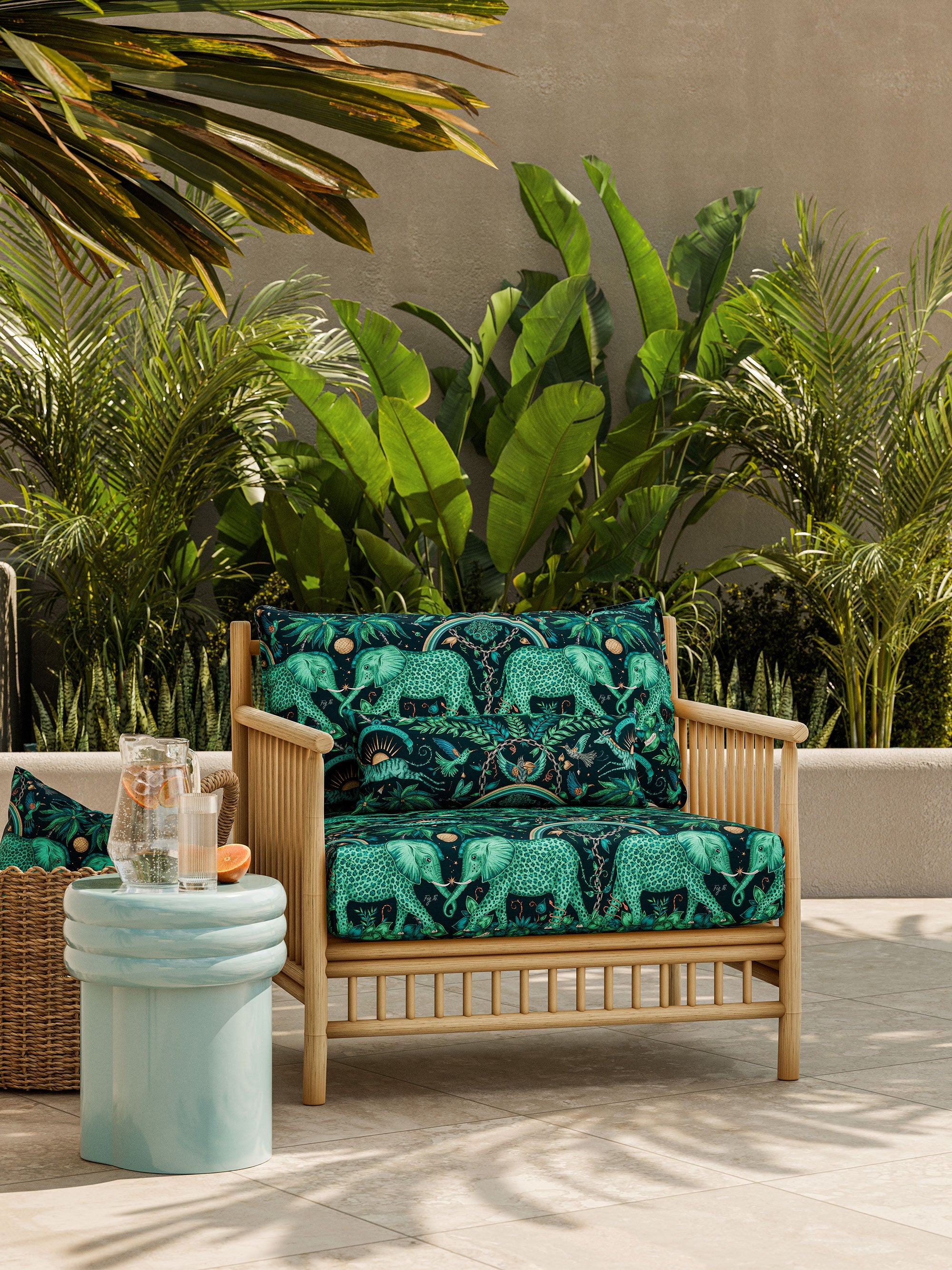 CCF087101 Zambezi Indoor Outdoor Teal Emma J Shipley Indoor Outdoor Wild Escape Fabric by Clarke & Clarke