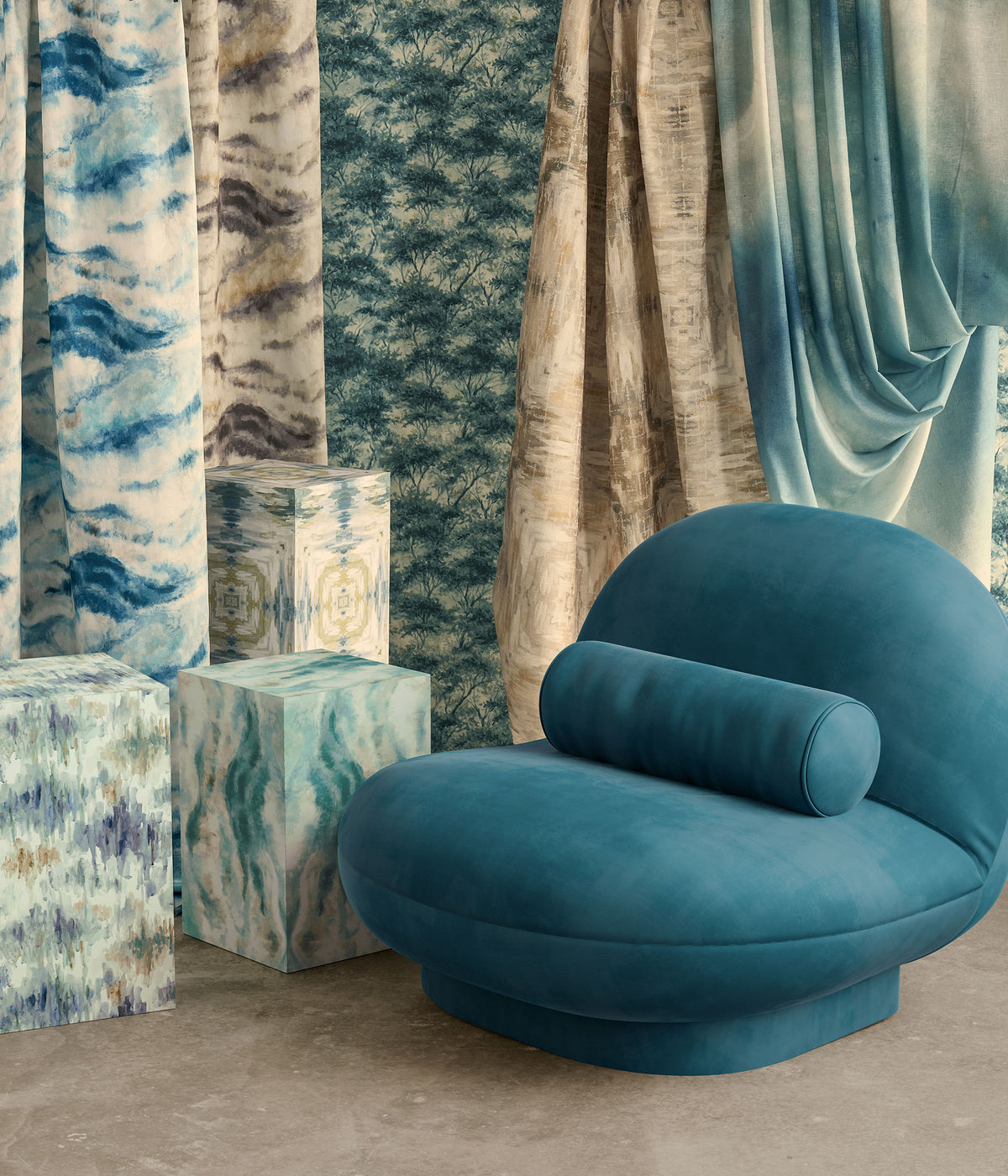 Boschetto Print Teal Elements Fabric by Clarke & Clarke