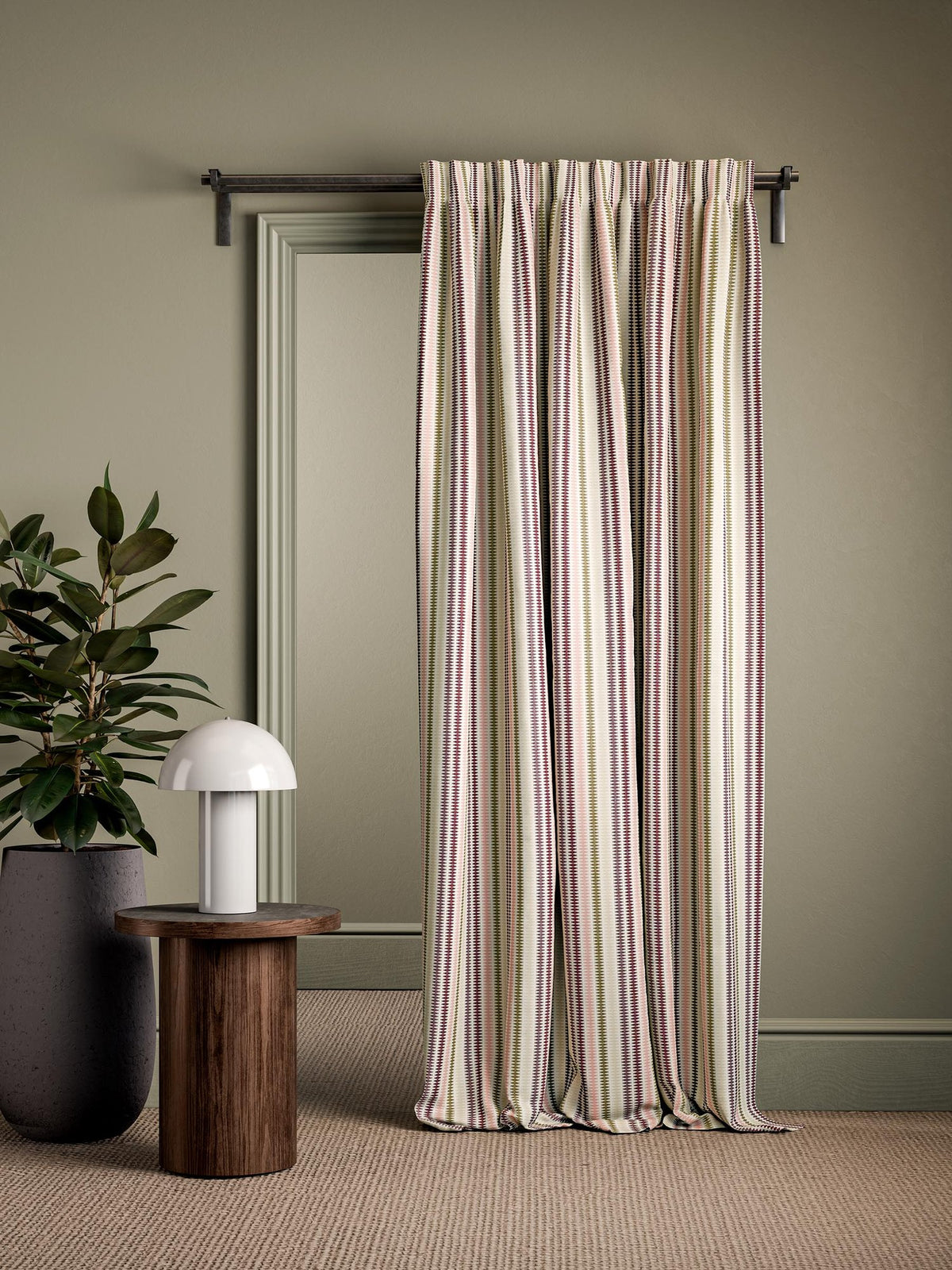 CCF0897-03 Grove Stripe Raspberry / Plum / Olive Cassia Fabric by Clarke & Clarke