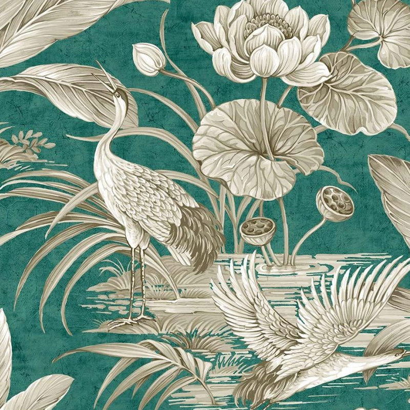 Tsuru Bird Emerald Chinoiserie Wallpaper by Today Interiors