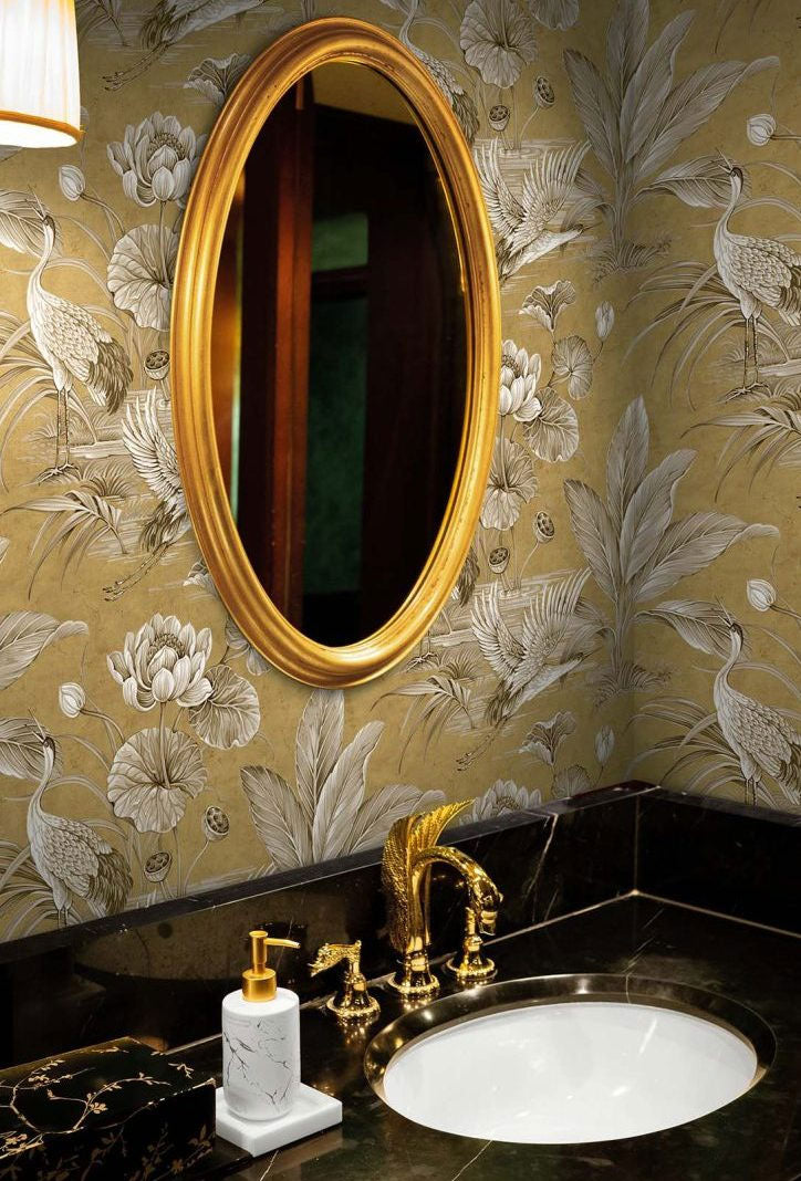 Tsuru Bird Black Coffee Chinoiserie Wallpaper by Today Interiors