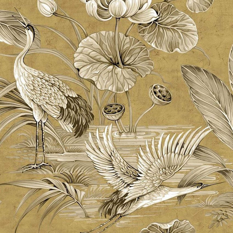 Tsuru Bird Gold Chinoiserie Wallpaper by Today Interiors