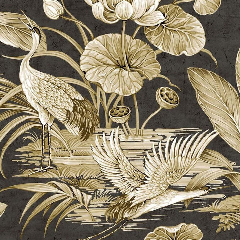 Tsuru Bird Black Coffee Chinoiserie Wallpaper by Today Interiors