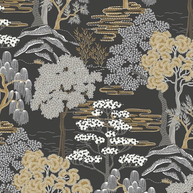 Mori Trees Charcoal Chinoiserie Wallpaper by Today Interiors