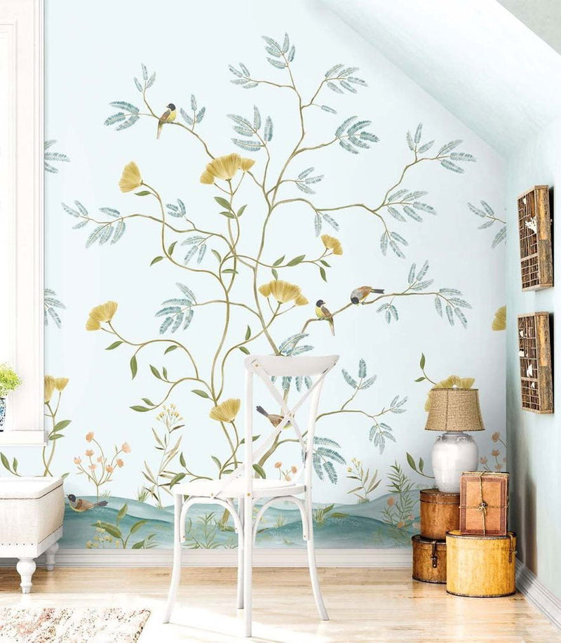 Mokusei Branch Mural Sky Chinoiserie Mural by Today Interiors