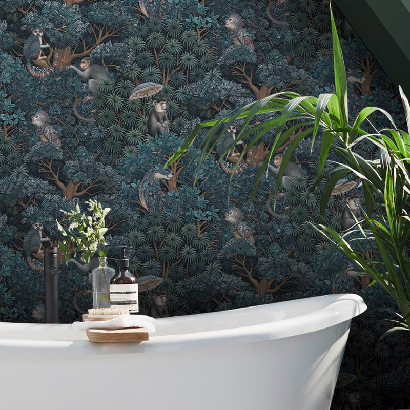 142313 Treetop Troop Navy & Teal Wallpaper by Graham & Brown