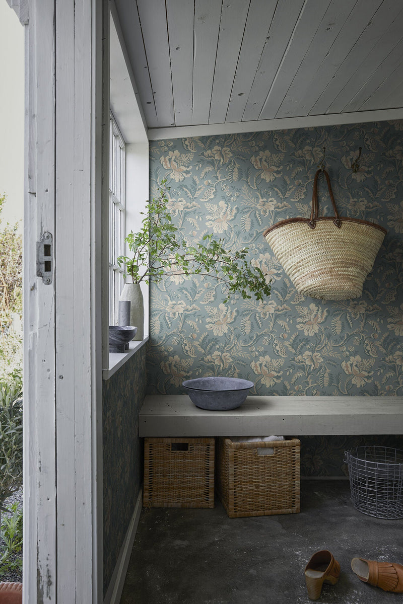 S10239 Misty Blue Daphne Le Village Wallpaper by Sandberg
