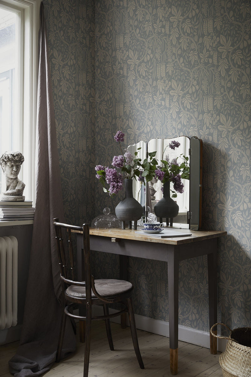 S10260 Misty Blue Fig Garden Le Village Wallpaper by Sandberg
