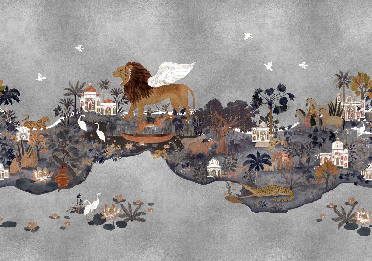 D00460 Panchatantra Indigo Kala Mural by Coordonné - flat
