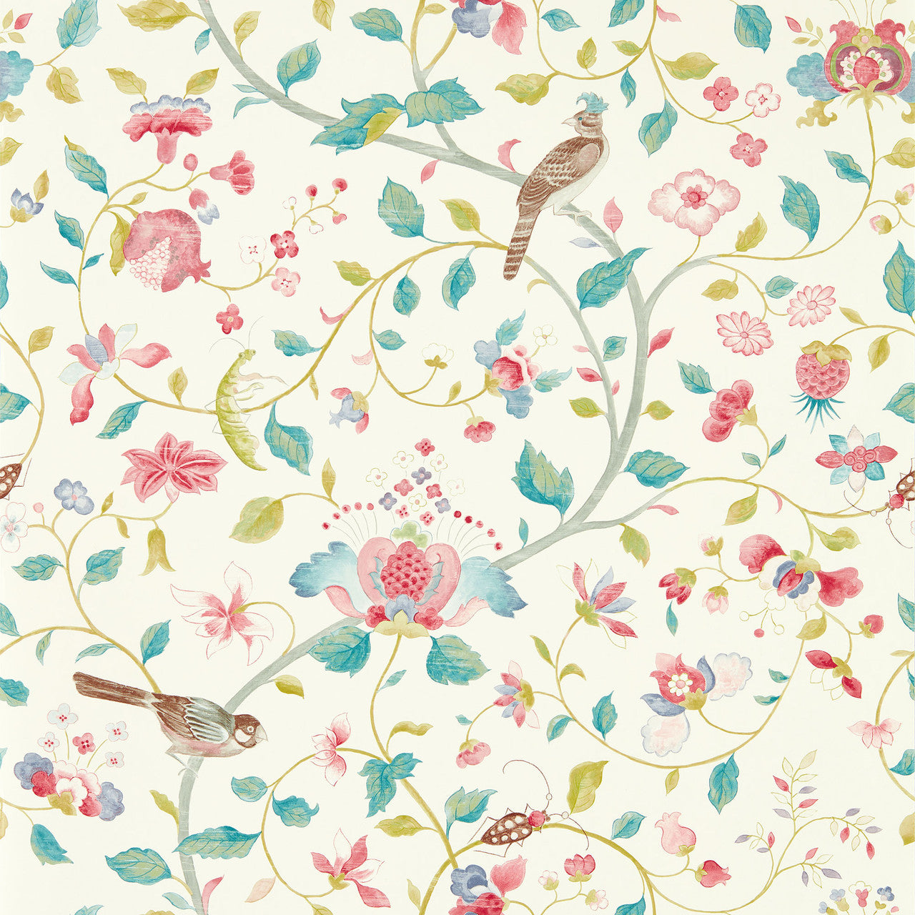 217236 Aril's Garden Arboretum Blue Clay and Pink Wallpaper by Sanderson