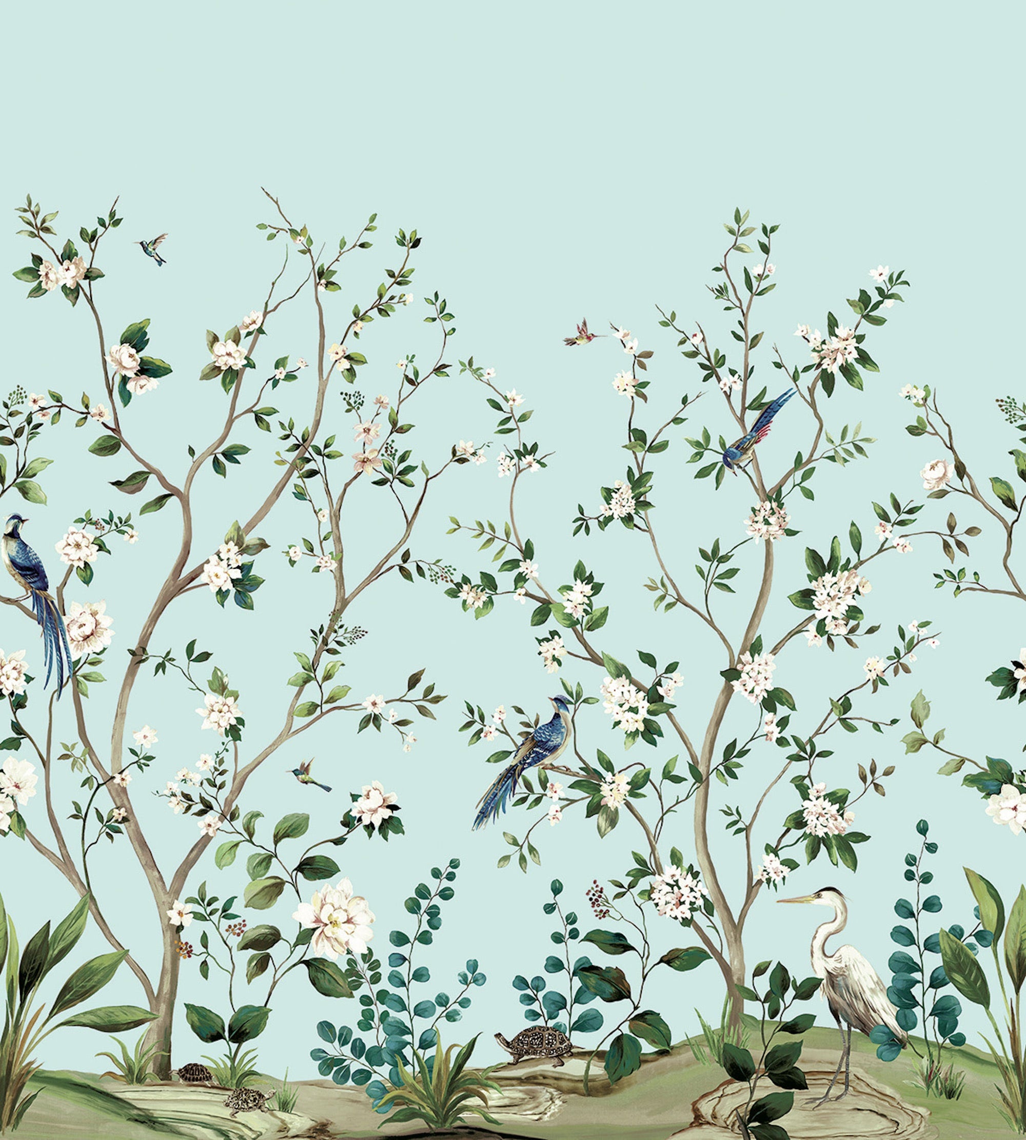 Heron Botanical Mural Blue Daisy Bennett Wallpaper by Galerie