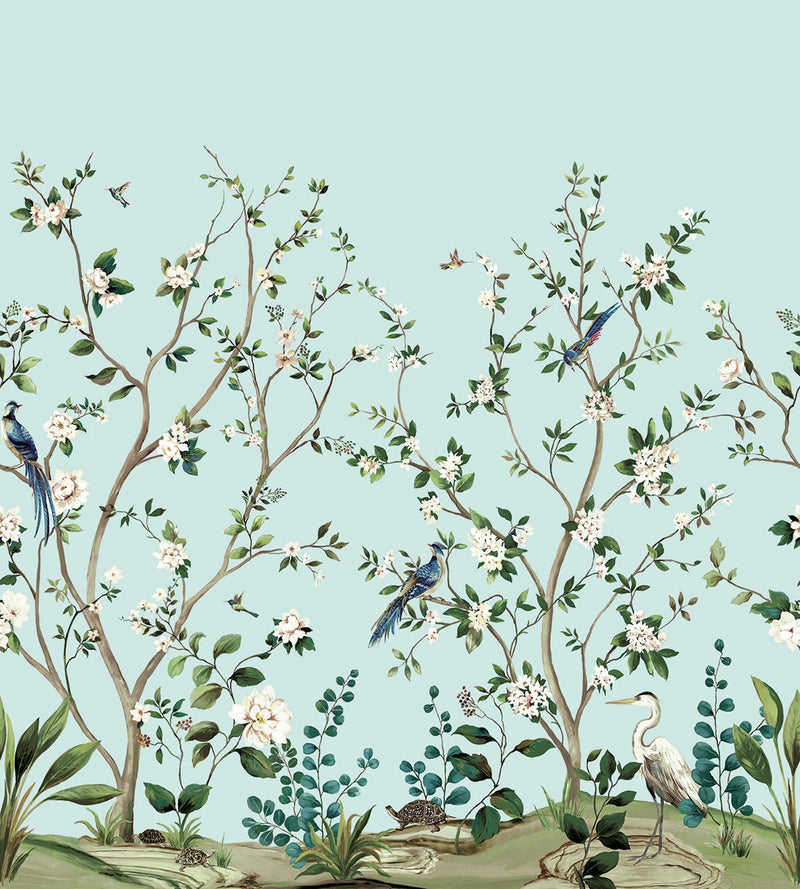Heron Botanical Mural Blue Daisy Bennett Wallpaper by Galerie