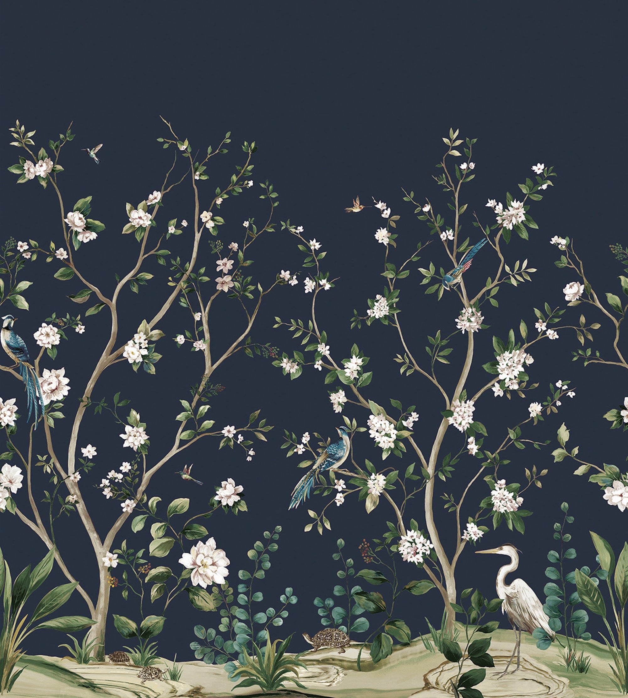 Heron Botanical Mural Blue Daisy Bennett Wallpaper by Galerie