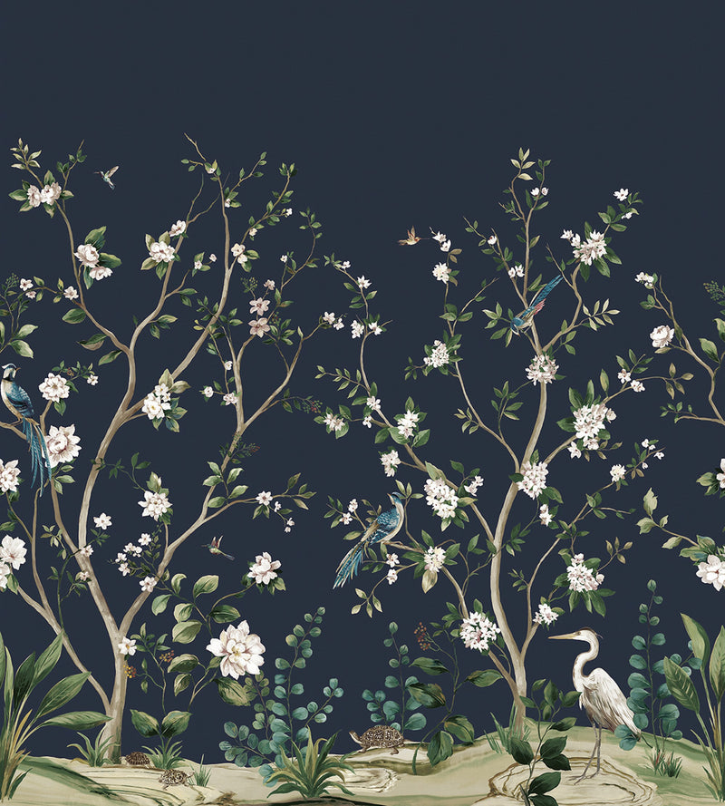 Heron Botanical Mural Blue Daisy Bennett Wallpaper by Galerie