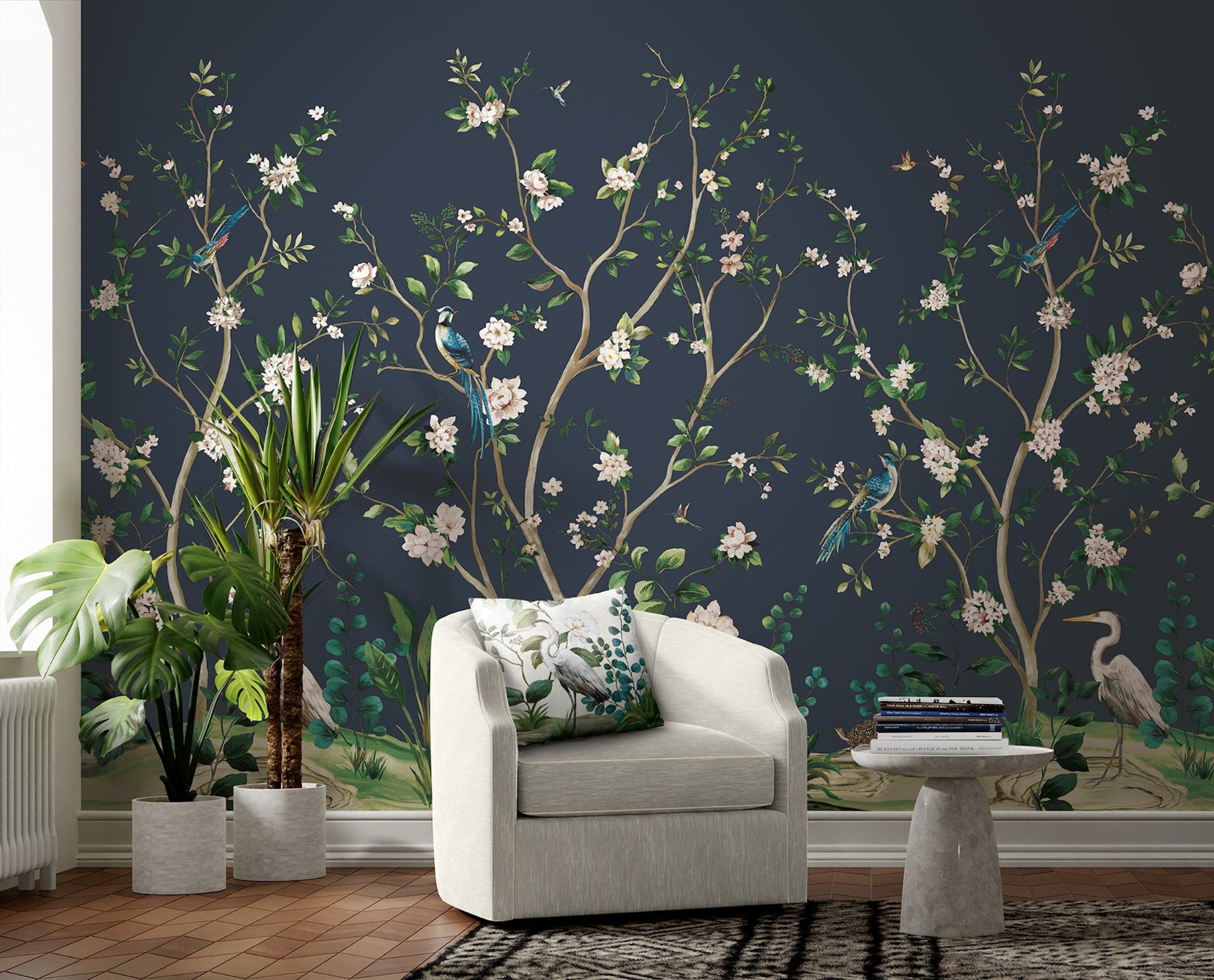 Heron Botanical Mural Blue Daisy Bennett Wallpaper by Galerie
