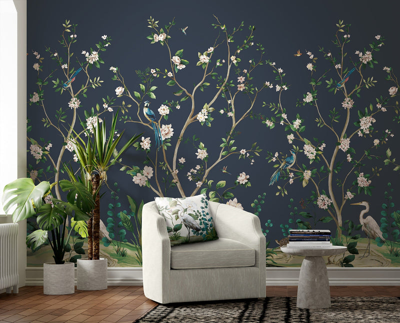Heron Botanical Mural Blue Daisy Bennett Wallpaper by Galerie