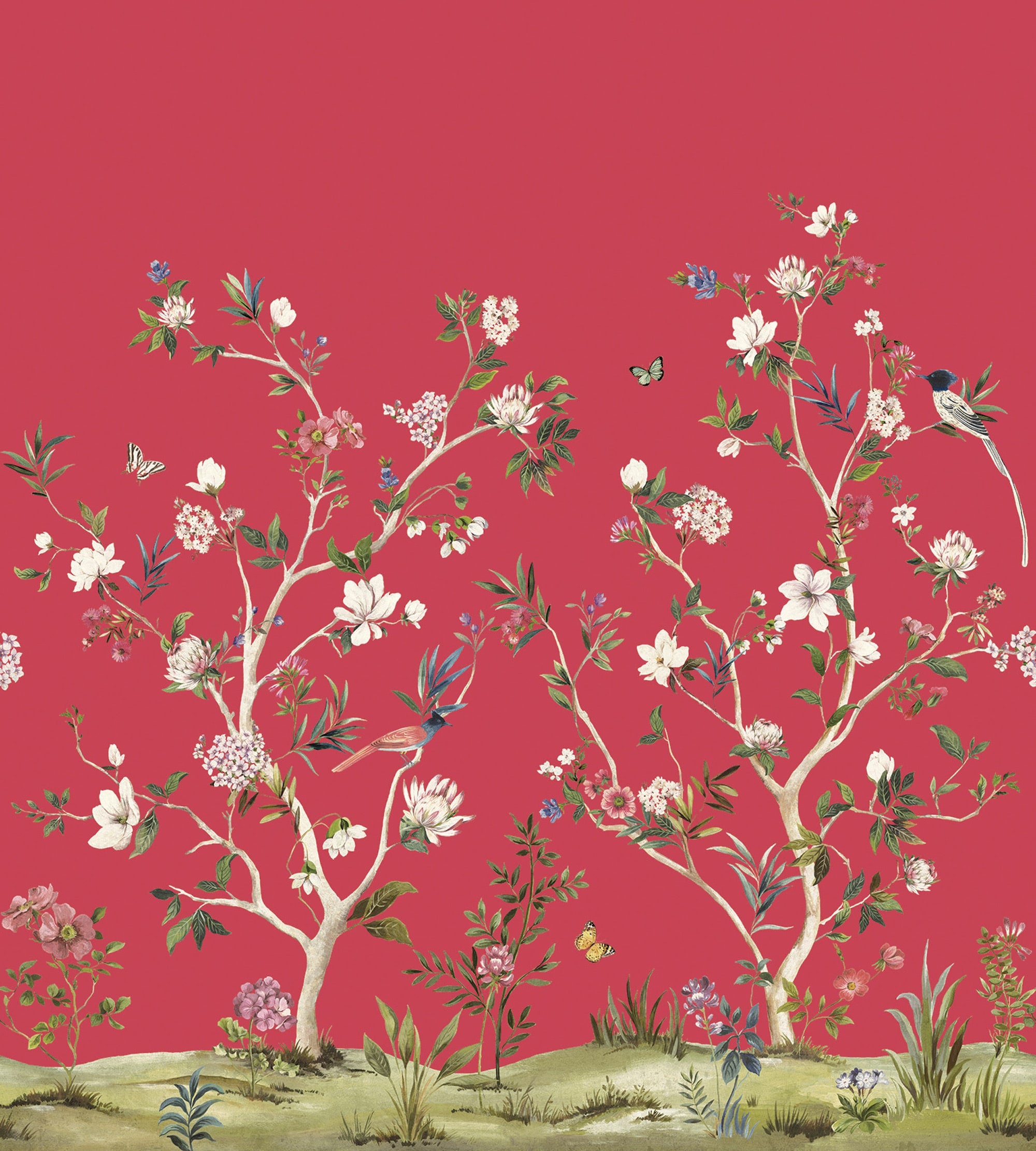 Chinoiserie Magnolia Mural Red Daisy Bennett Wallpaper by Galerie