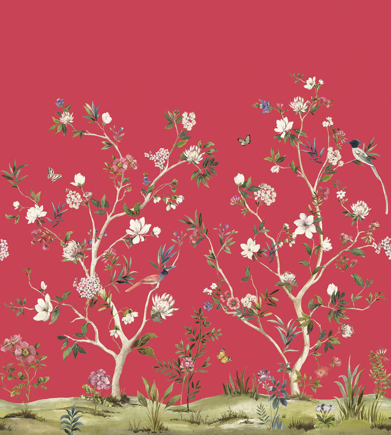 Chinoiserie Magnolia Mural Red Daisy Bennett Wallpaper by Galerie