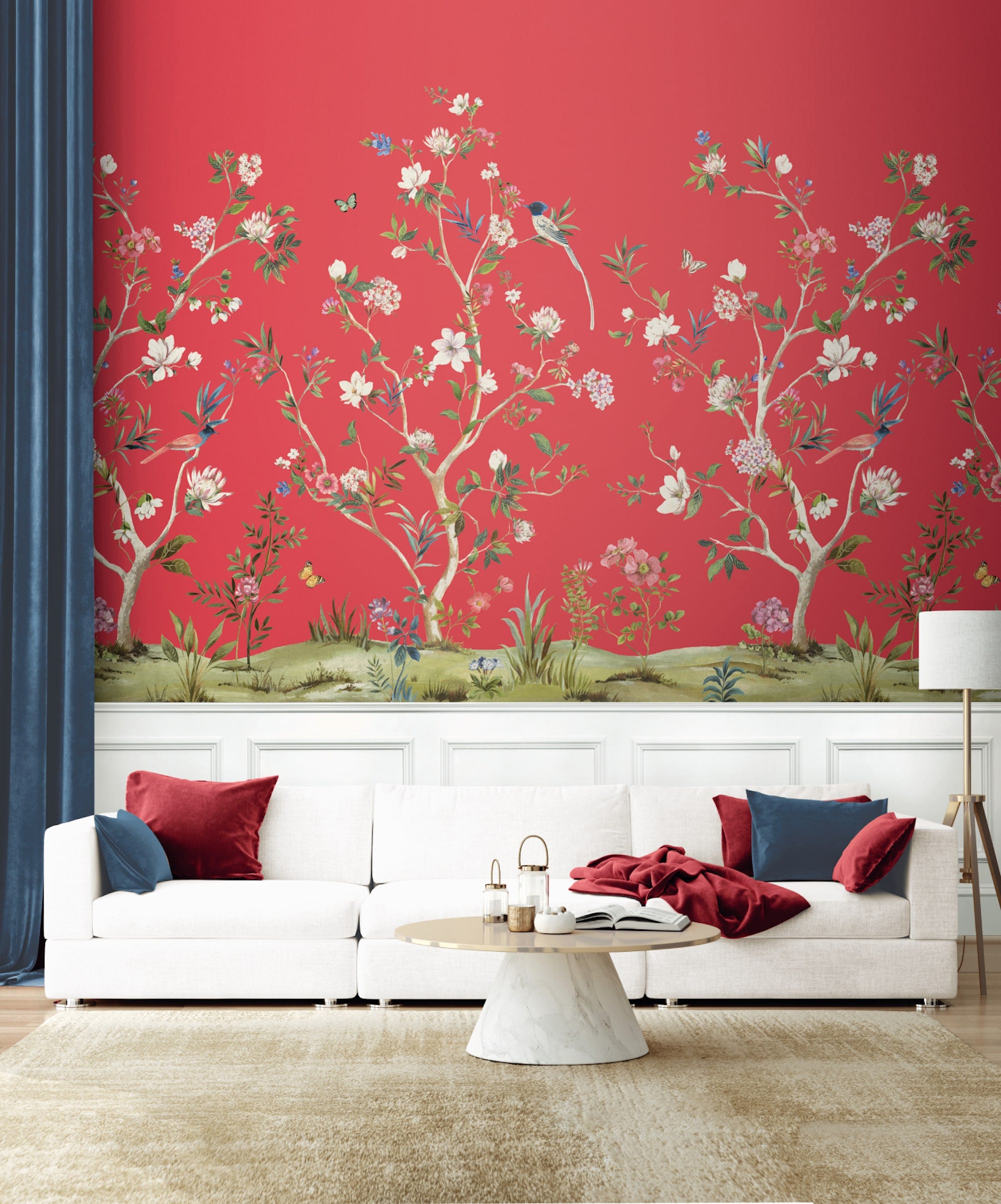 Chinoiserie Magnolia Mural Red Daisy Bennett Wallpaper by Galerie